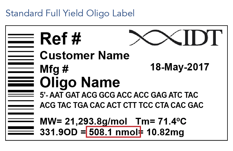 Label Example IDT oligo tube label with yield information in nmol