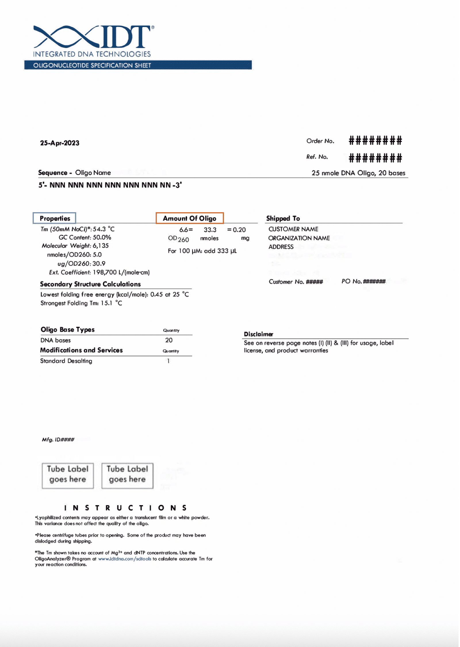 Spec Sheet Example IDT oligo specification sheet with properties and yield