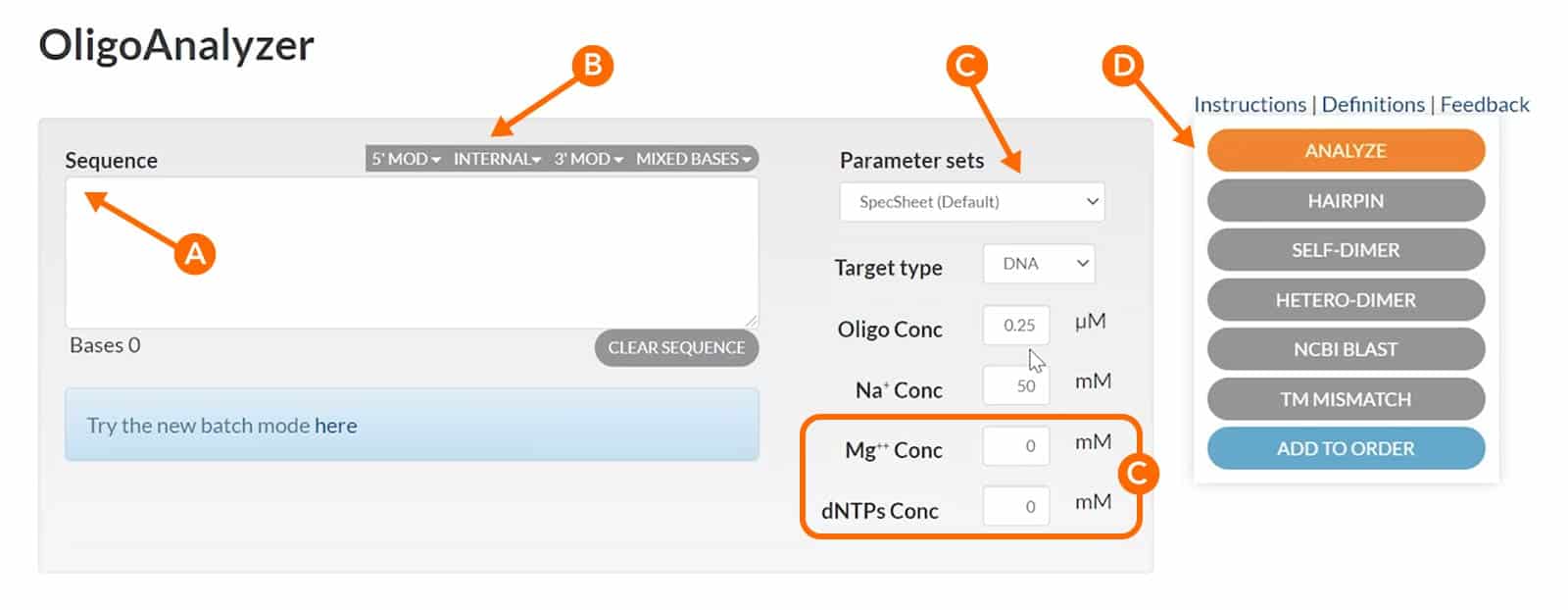 OligoAnalyzer screenshot_Figure 2 Adjust experimental conditions to analyze Tm, GC content, molecular weight.