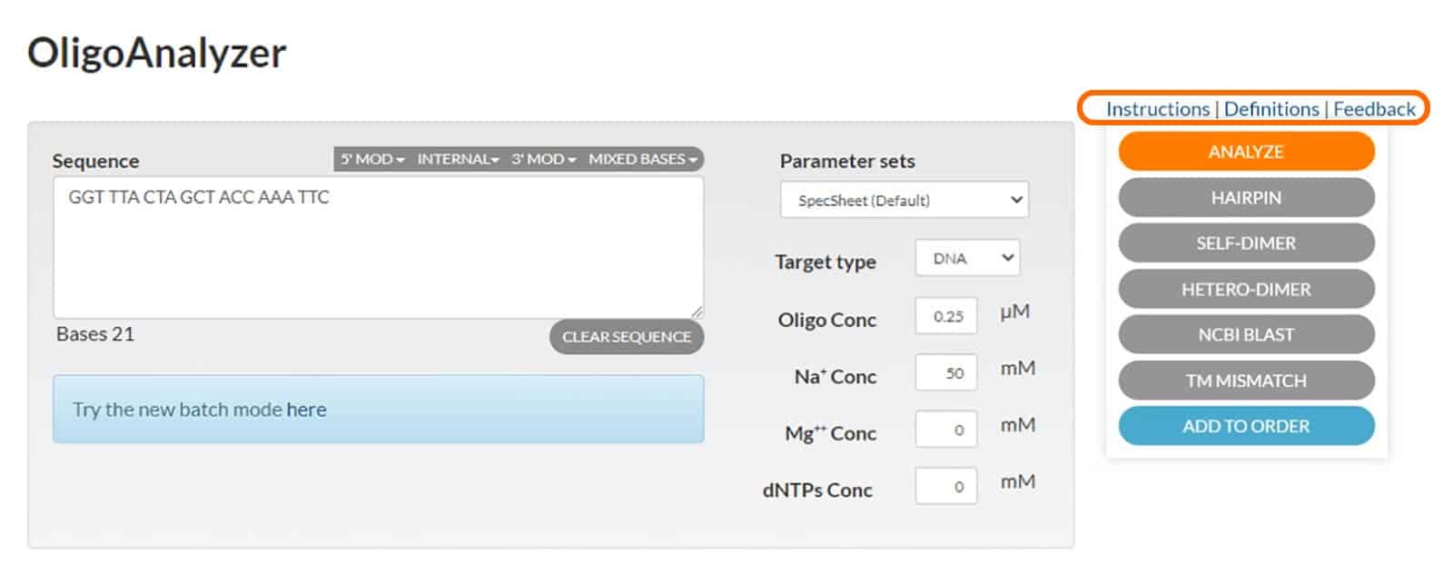 OligoAnalyzer screenshot_Figure 4 Instructions and definitions links for OligoAnalyzer