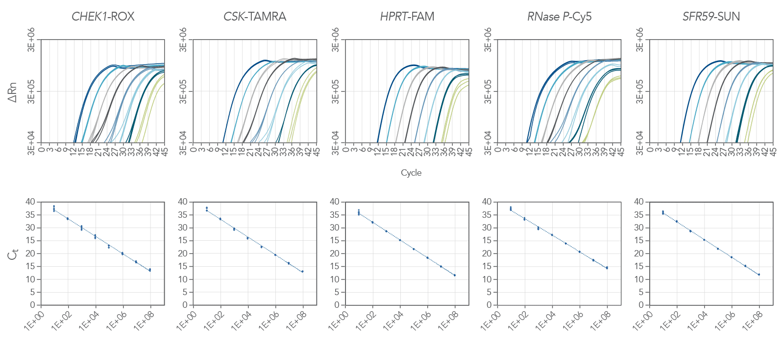 22_QP_Figures_PrimeTime One-Step 4X Broad-Range MM_exceptional multiplexed _5-plex_ RNA identification over 8 logs of RNA template copy PrimeTime One-Step 4X Broad-Range Master Mix provides multiplexed (5-plex) RNA detection over 8 logs of RNA template