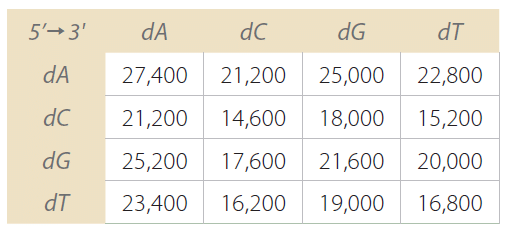 D-OLI13LT-oligoquant-T1 Nearest neighbor values for ε260 of dNTPs.